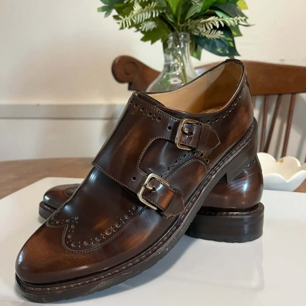 The Office of Angela Scott Brown Leather Double Monk Strap Size 37 1/2, 7 in US - Picture 1 of 6
